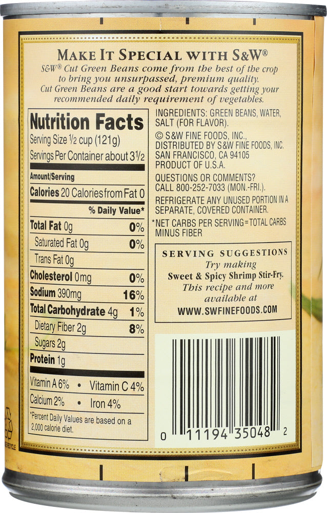 S & W: Premium Cut Green Beans, 14.5 Oz