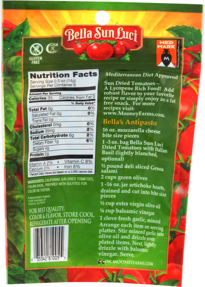 Bella Sun Luci: Sun Dried Tomatoes With Italian Basil Julienne Cut, 3 Oz