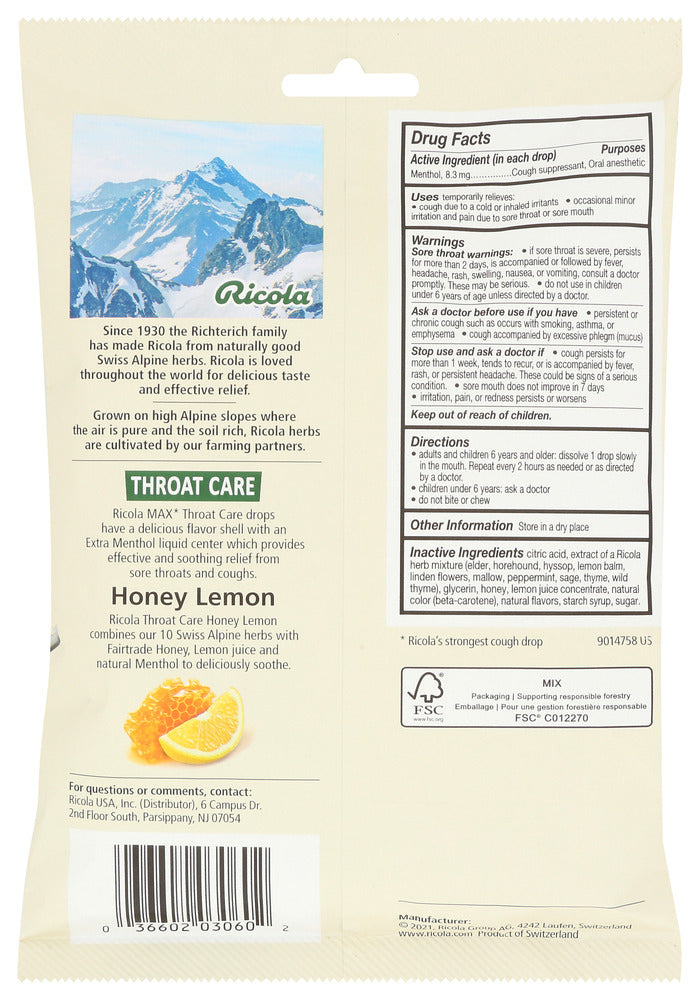 Ricola: Max Throat Care Honey Lemon, 34 Pc