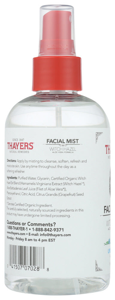 Thayers: Alcohol Free Unscented Facial Mist Witch Hazel And Aloe Vera Formula, 8 Oz