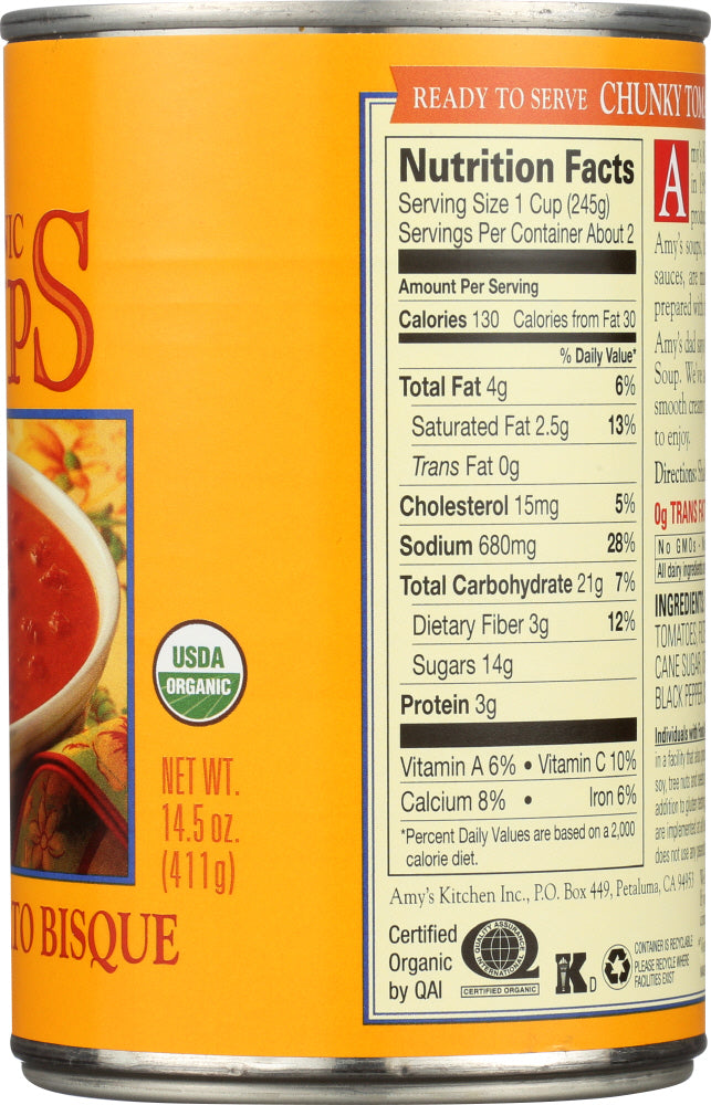 Amys: Soup Tomato Bisque Chunky Gluten Free, 14.5 Oz