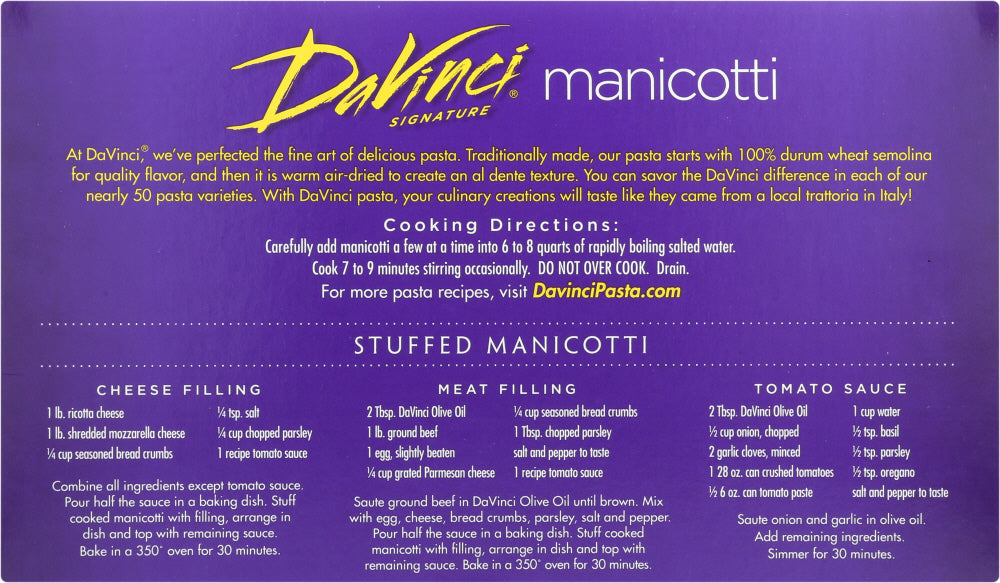 Davinci: Manicotti Cannelloni Pasta, 8 Oz