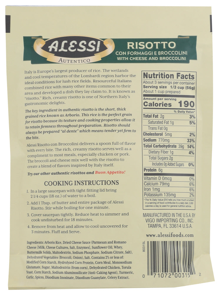 Alessi: Risotto With Cheese And Broccolini, 6.5 Oz