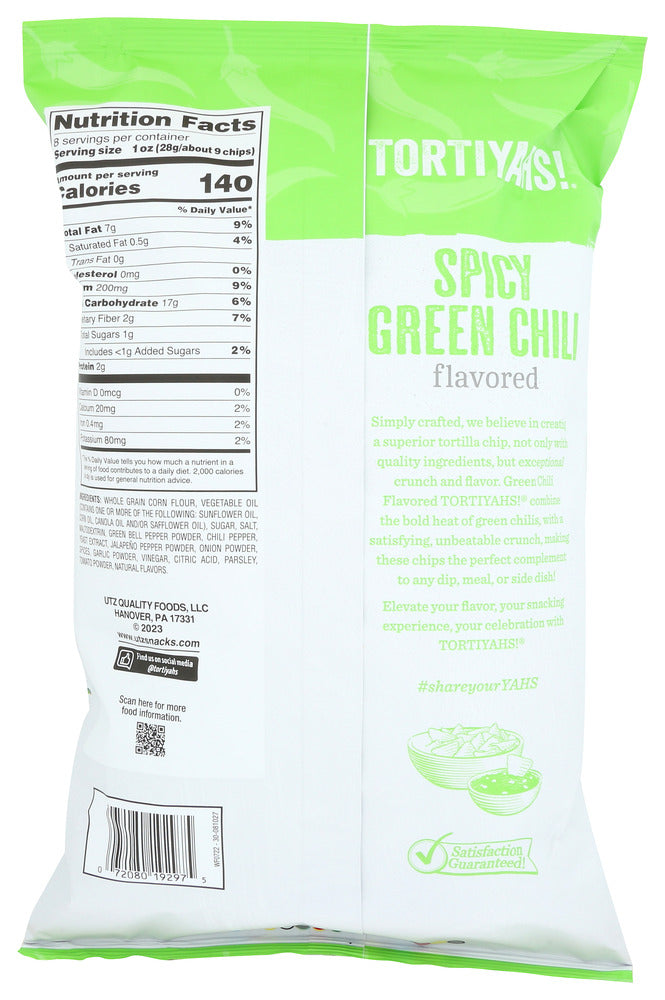 Tortiyahs: Spicy Green Chili Tortilla Chips, 8 Oz