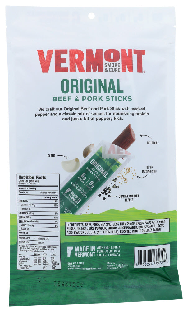 Vermont Smoke: Original Sticks Beef Pork 6Ct, 6 Oz