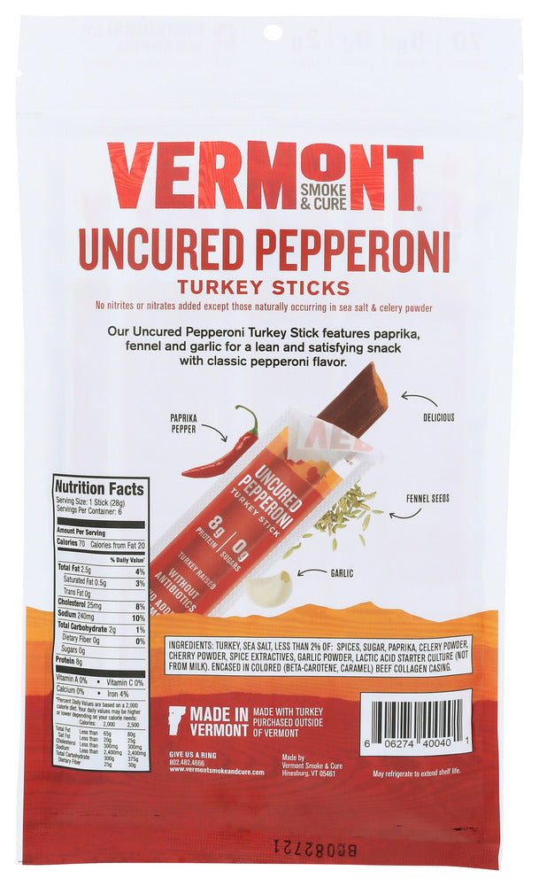 Vermont Smoke: Uncured Pepperoni Turkey Sticks 6Ct, 6 Oz