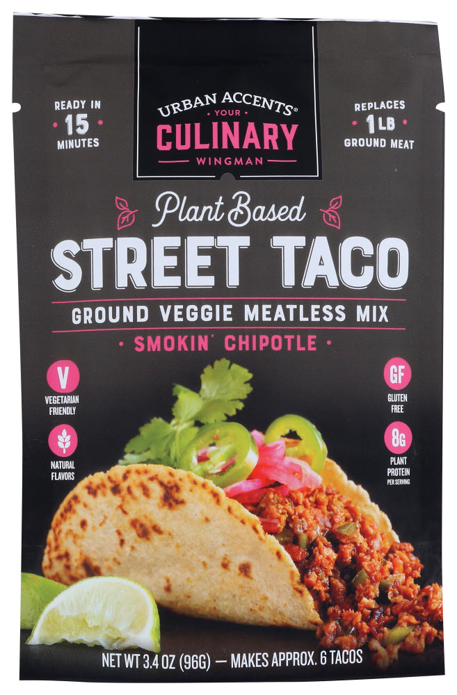 Urban Accents: Smokin Chipotle Plant Based Street Taco Ground Veggie Meatless Mix, 3.4 Oz