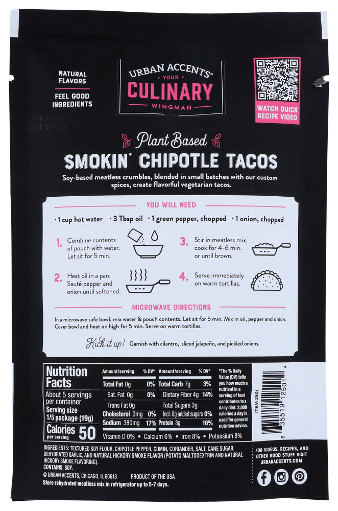 Urban Accents: Smokin Chipotle Plant Based Street Taco Ground Veggie Meatless Mix, 3.4 Oz