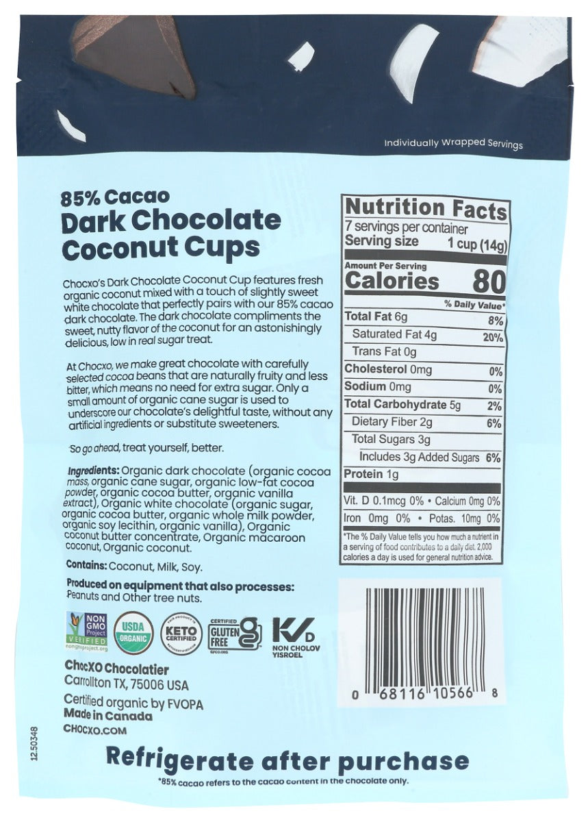 Chocxo: Cup 85 Percent Dark Chocolate Coconut, 3.45Oz