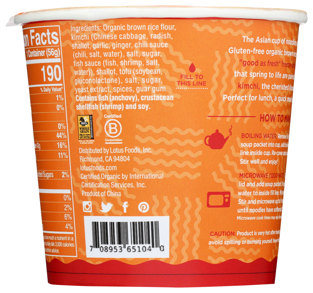 Lotus Foods: Spicy Kimchi Rice Ramen Noodle Soup With Freeze Dried Chunky Veggies, 1.98 Oz