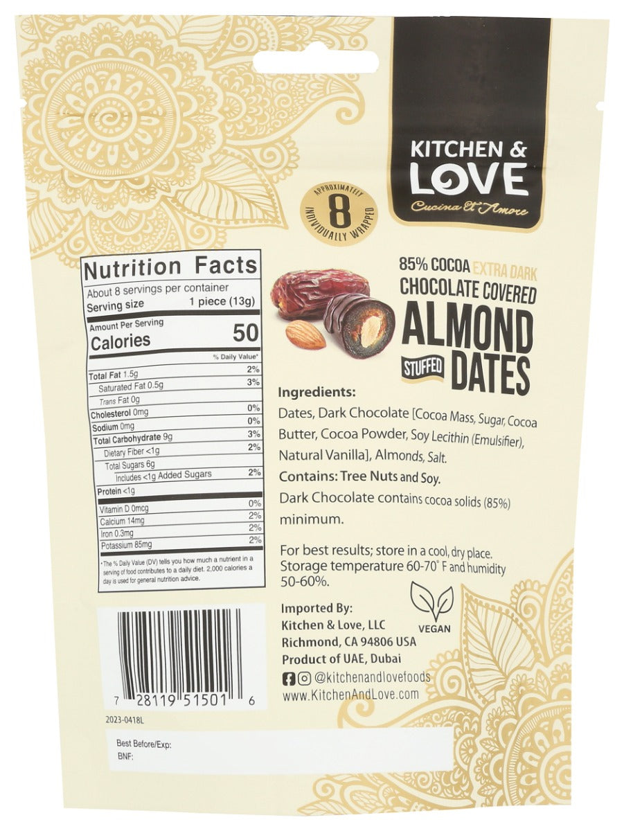 Kitchen And Love: Extra Dark Chocolate Covered Almond Stuffed Dates, 3.5 Oz