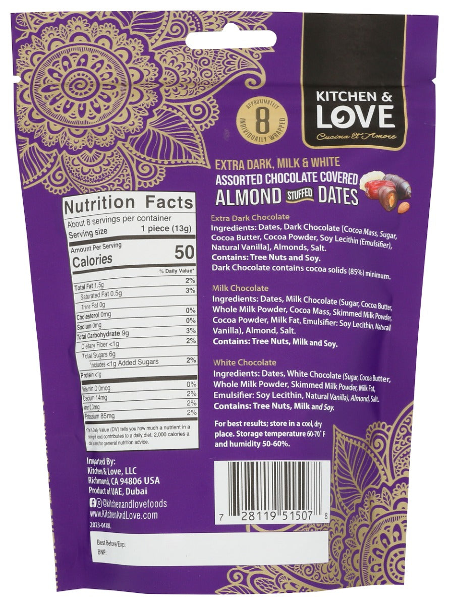 Kitchen And Love: Extra Dark Milk And White Assorted Chocolate Covered Almond Stuffed Dates, 3.5 Oz