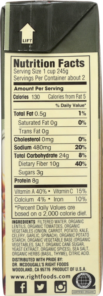 Dr Mcdougalls: Soup Lentil Vegetable Organic, 18 Oz