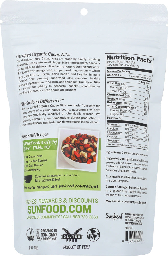 Sunfood Superfoods: Organic Cacao Nibs, 8 Oz