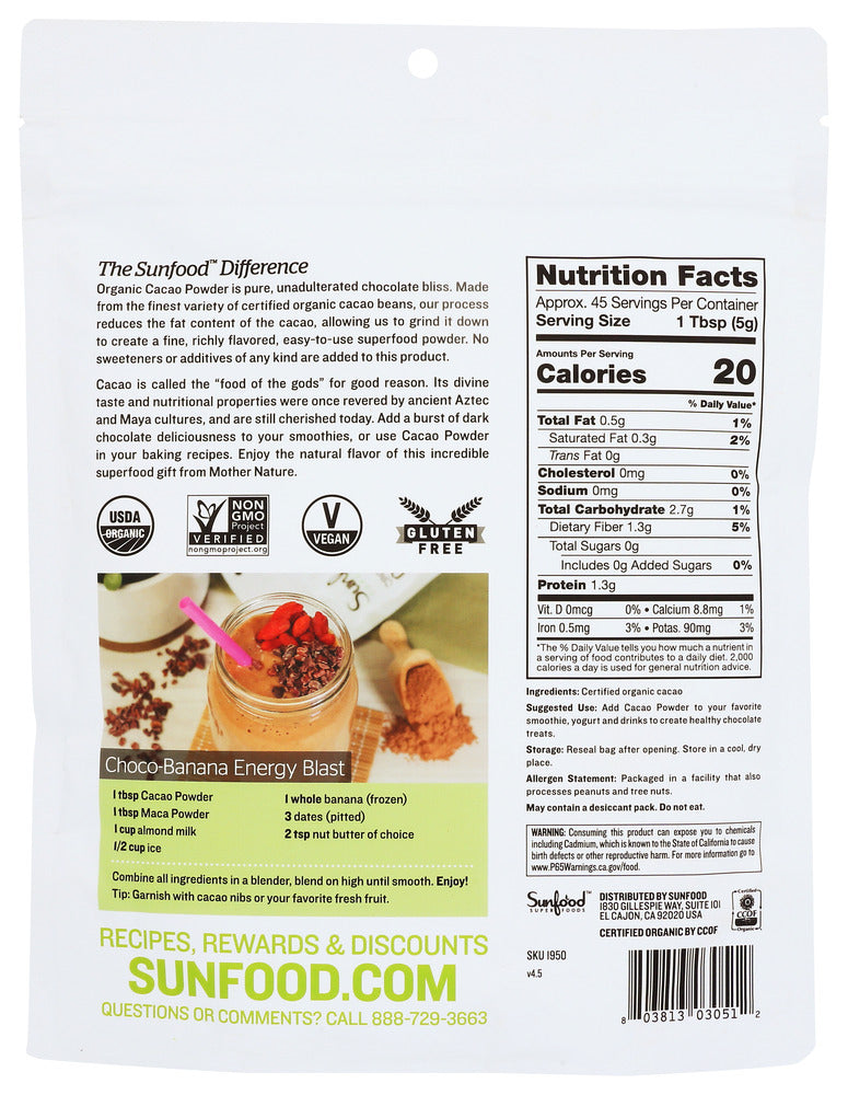 Sunfood Superfoods: Organic Cacao Powder, 8 Oz