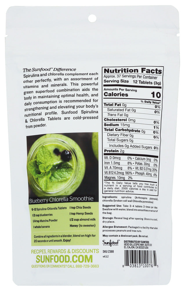 Sunfood Superfoods: Spirulina Chlorella Tb, 4 Oz