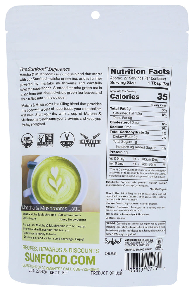 Sunfood Superfoods: Matcha Mushroom Pwdr Org, 5.82 Oz