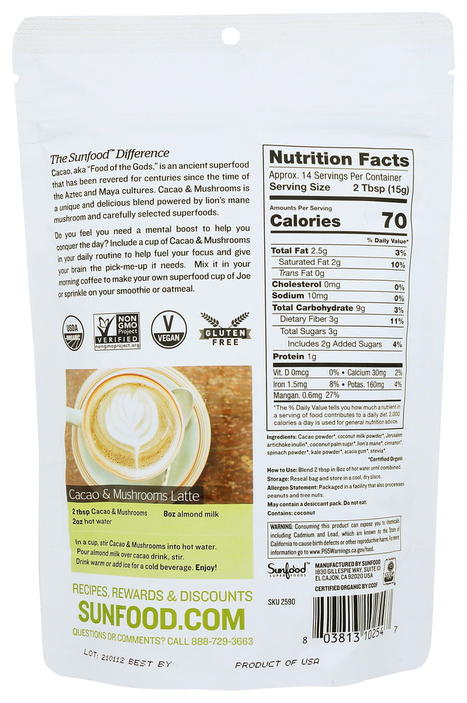 Sunfood Superfoods: Organic Cacao And Mushrooms Powder Drink Mix, 7.4 Oz