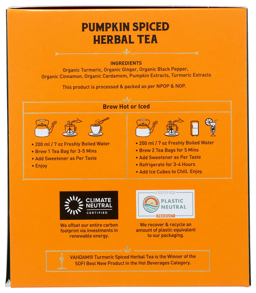 Vahdam Teas: Pumpkin Spiced Herbal Tea 15 Tea Bags, 1.06 Oz