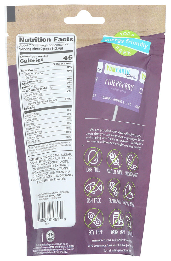 Yumearth: Organic Elderberry Lollipops, 3.3 Oz