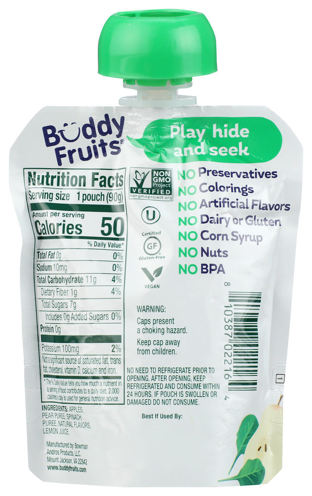 Buddy Fruits: Pear Spinach And Apple Blended Fruits And Vegetables, 3.2 Oz