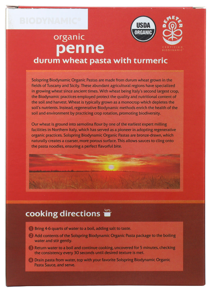 Solspring: Organic Penne Durum Wheat Pasta With Turmeric, 16 Oz