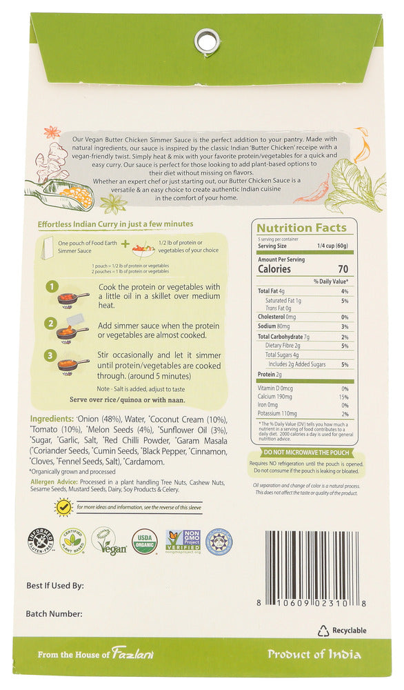 Food Earth: Organic Butter Chicken Simmer Sauce, 10.58 Oz