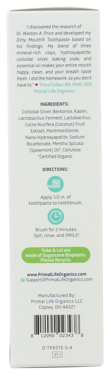 Primal Life Organics: Sparkling Spearmint Toothpaste, 4 Oz