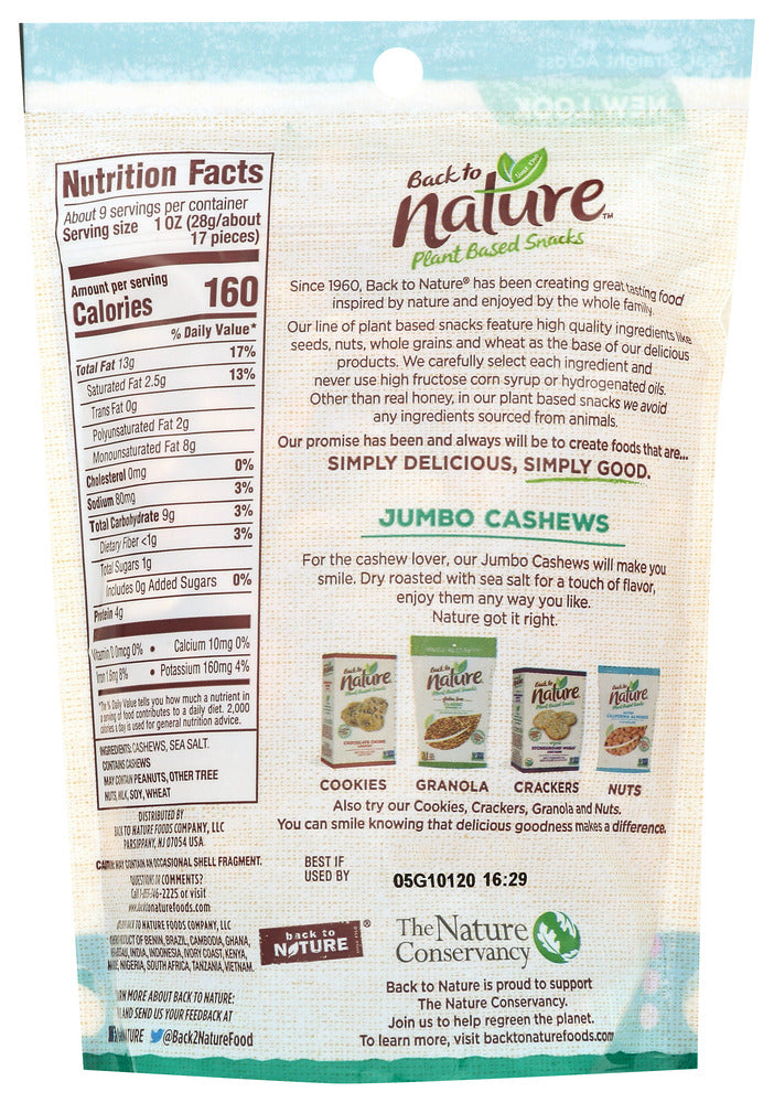 Back To Nature: Jumbo Cashews Sea Salted Roasted, 9 Oz