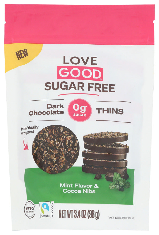 Love Good Fats: Dark Chocolate Thins Mint And Cocoa Nibs, 96 Gm