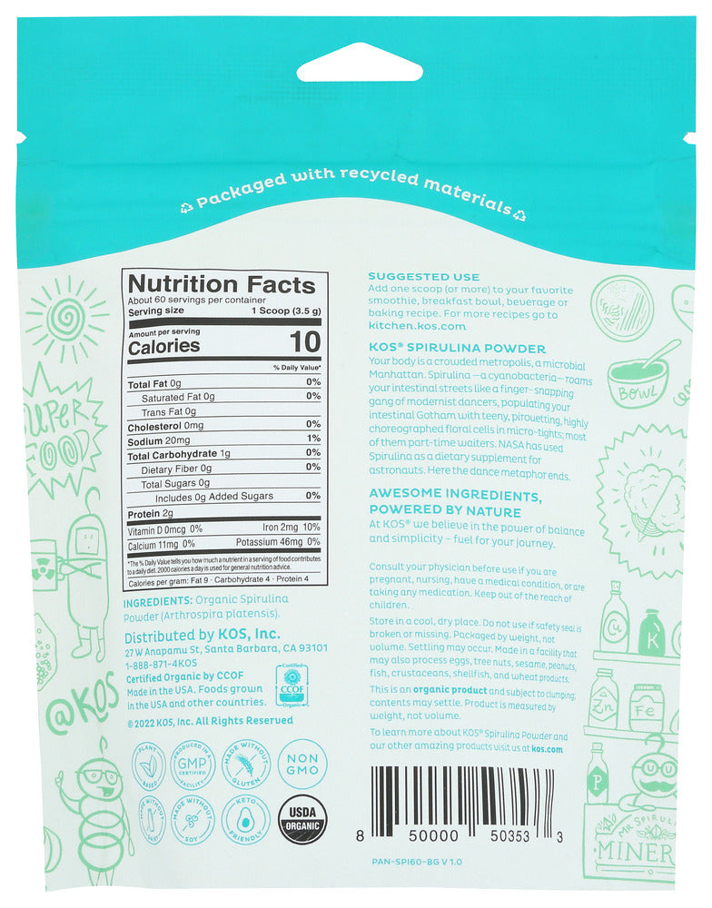 Kos: Superfood Spirulina Pwdr, 7.4 Oz