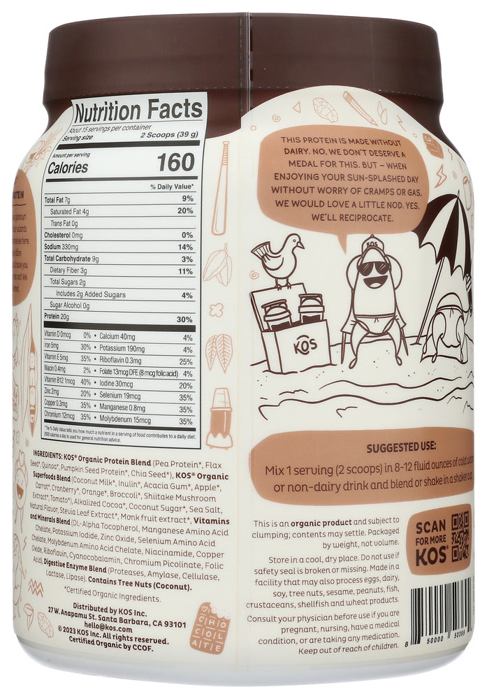 Kos: Chocolate Organic Plant Protein, 20.6 Oz