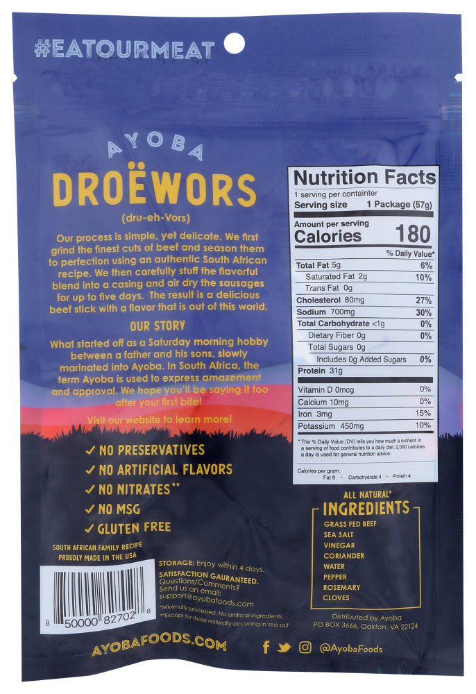 Ayoba: Droewors Premium Beef Sticks, 2 Oz