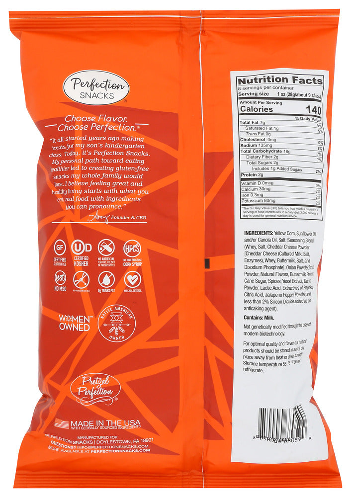 Perfection Snacks: Nacho Cheddar Tortilla Chips Gluten Free, 8 Oz