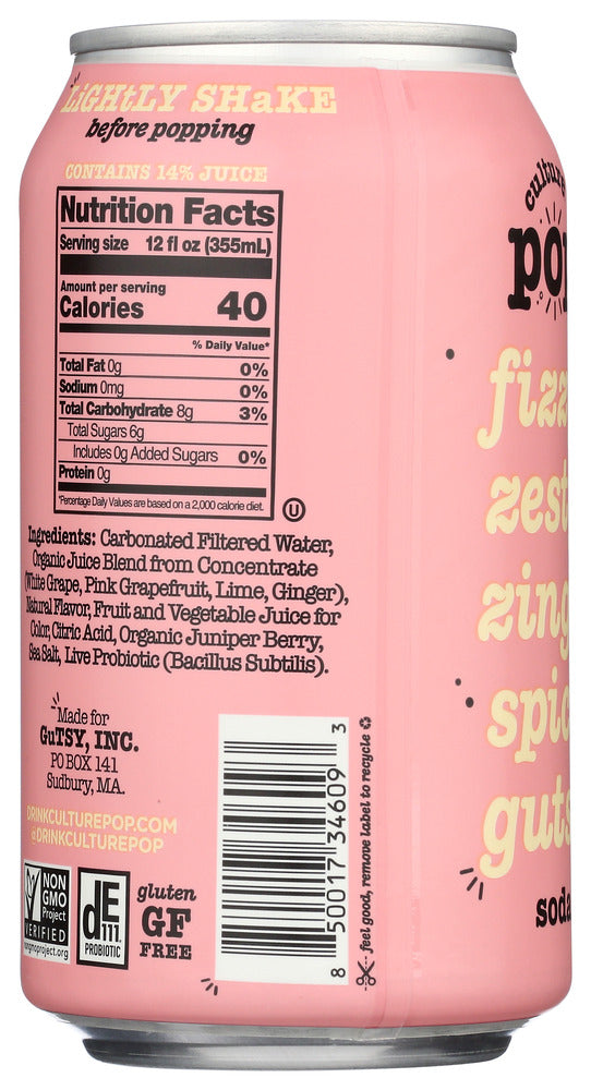 Culture Pop: Pink Grapefruit Ginger & Juniper Probiotic Soda, 12 Fo