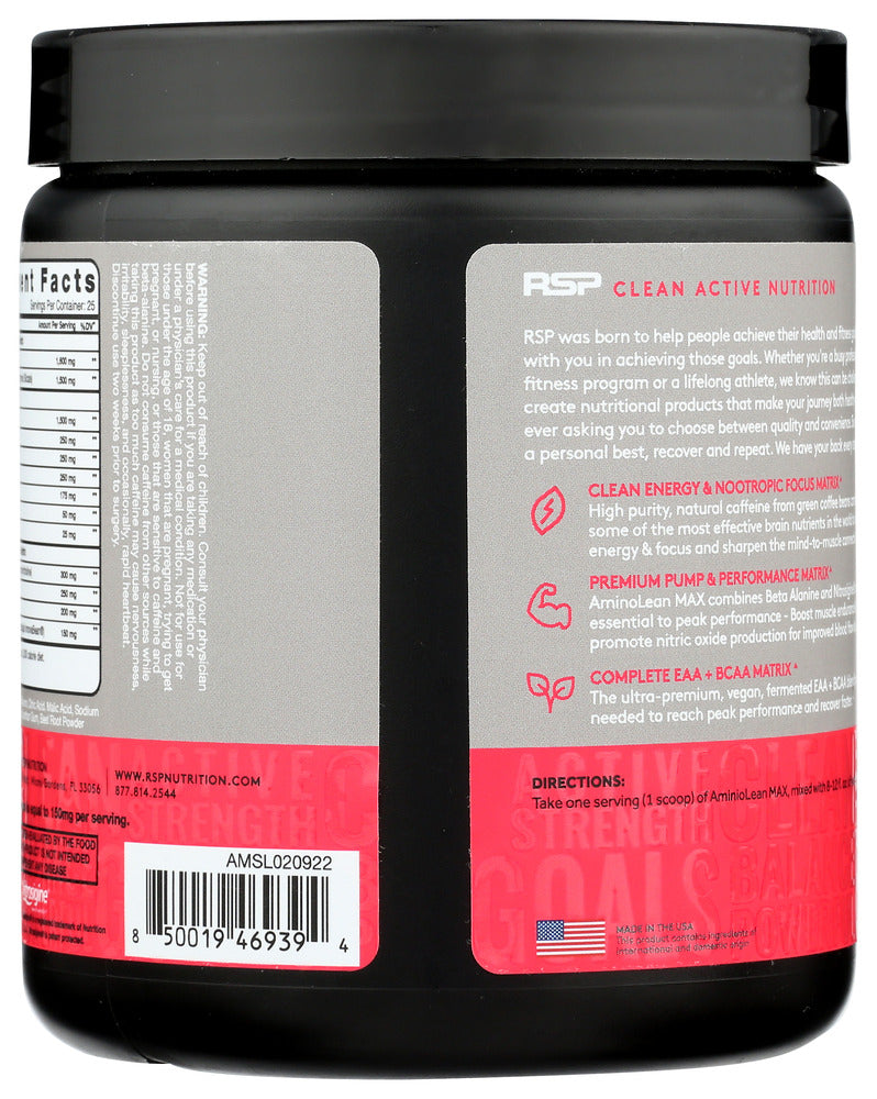 Rsp Nutrition: Aminolean Max Pre Workout Strawberry Lemonade, 9.85 Oz