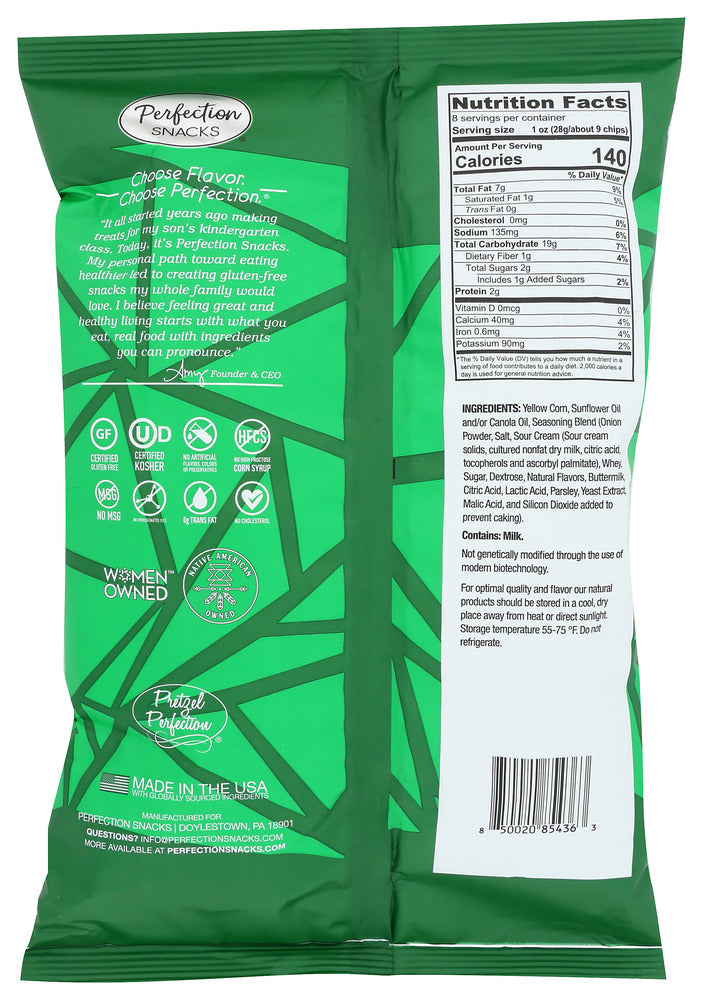 Perfection Snacks: Sour Cream And Onion Tortilla Chips Gluten Free, 8 Oz