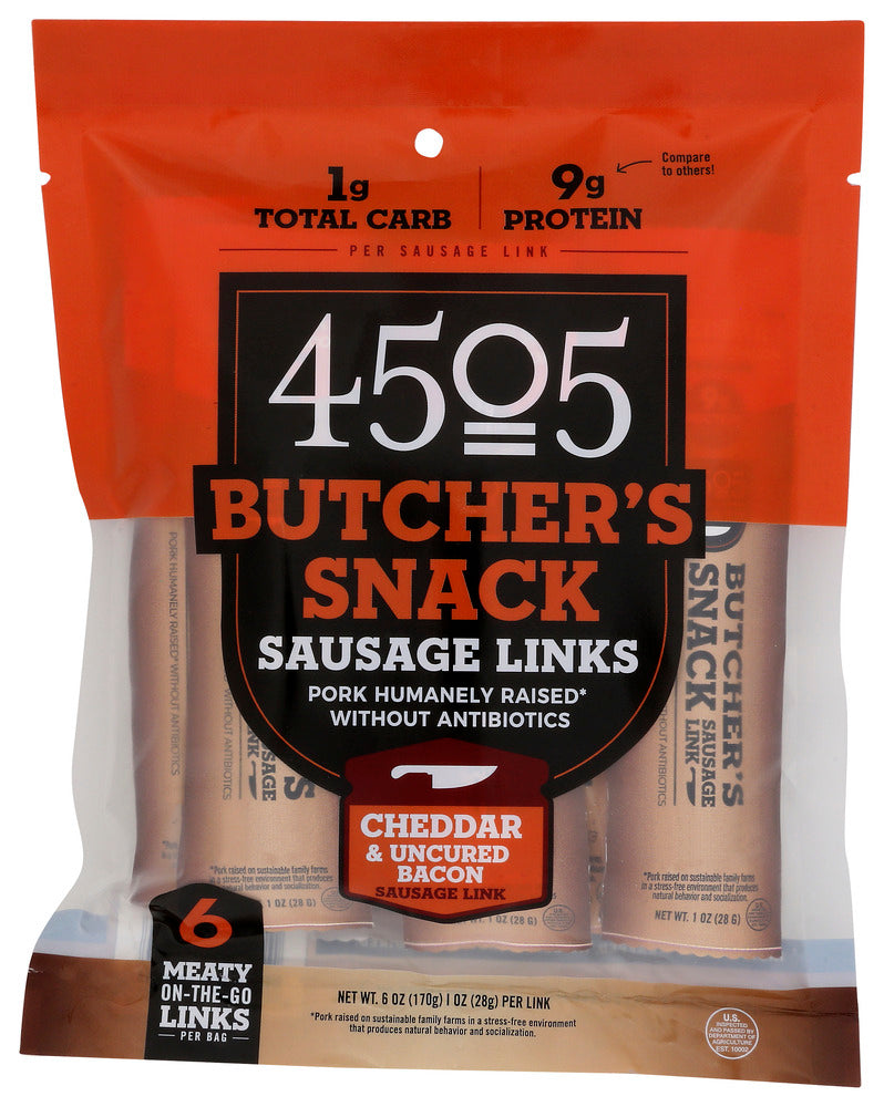 4505 Meats: Cheddar Uncured Bacon Sausage Link, 6 Oz