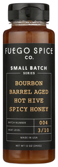 Fuego Spice Co: Bourbon Barrel Aged Hot Hive Spicy Honey, 12 Fo