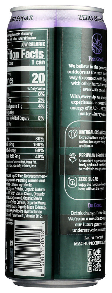 Machu Picchu: Pineapple Blueberry Zero Sugar Organic Energy Drink, 12 Fo