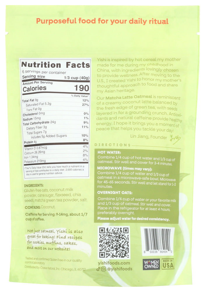 Yishi: Matcha Latte 6 Serving Oatmeal Pouch, 8.5 Oz