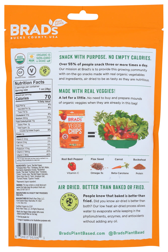 Brads Plant Based: Veggie Chips Cheddar, 3 Oz