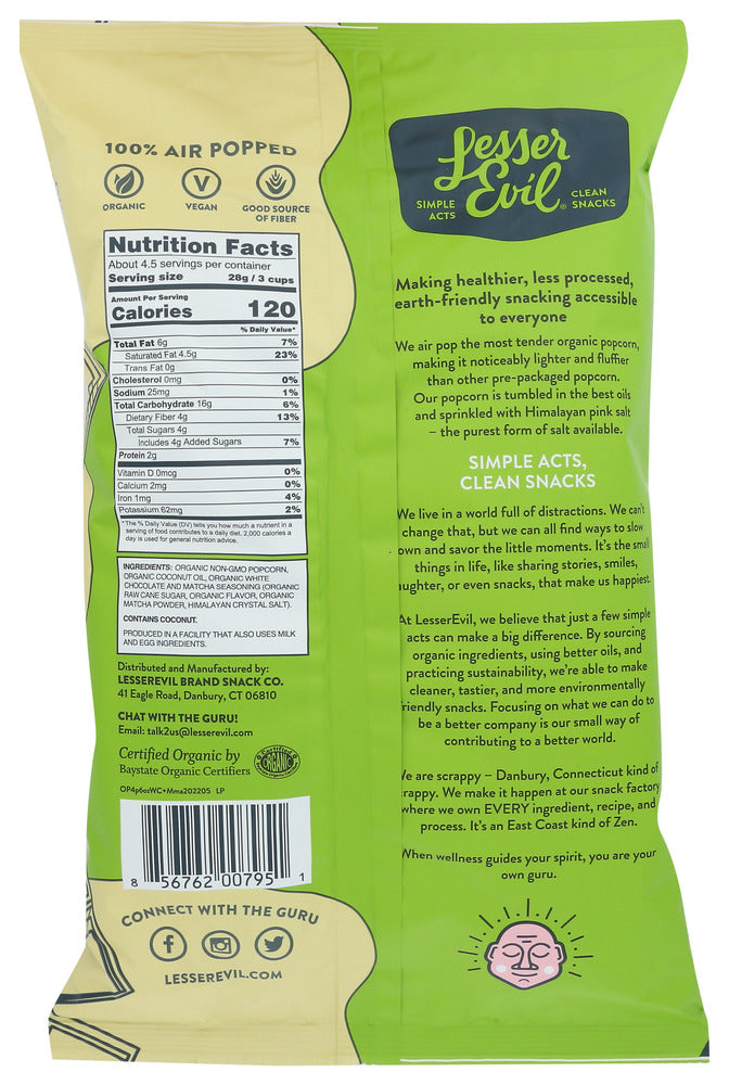 Lesser Evil: Organic Popcorn White Chocolate Matcha, 4.6 Oz