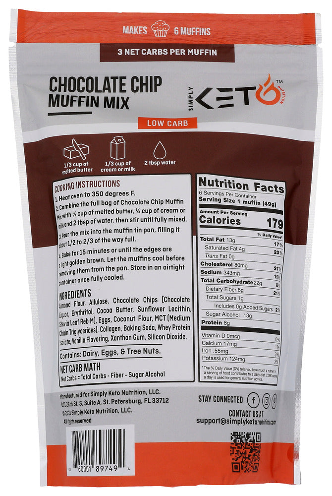 Simply Keto Nutrition: Low Carb And Keto Friendly Chocolate Chip Muffin Mix, 10.5 Oz