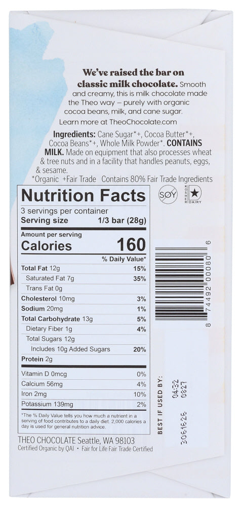 Theo Chocolate: 45% Milk Chocolate Bar, 3 Oz