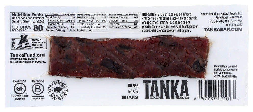 Tanka: Natural Buffalo Meat Cranberry Bar Slow Smoked Original, 1 Oz