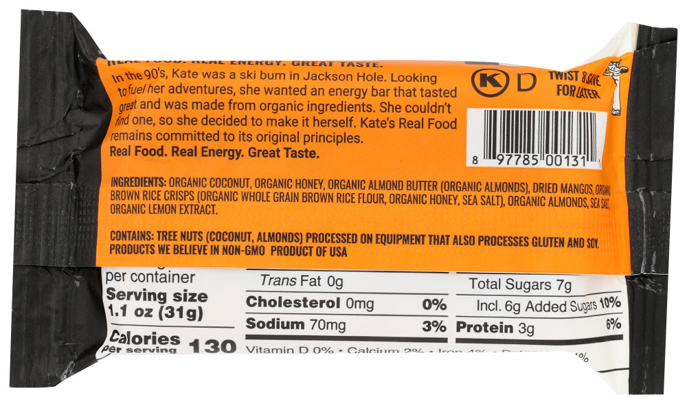 Kates Real Food: Mango Coconut Bar, 2.2 Oz