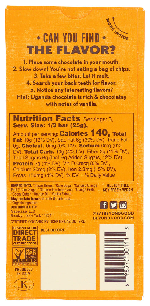 Beyond Good: Bar Choc Orange Zest, 2.64 Oz