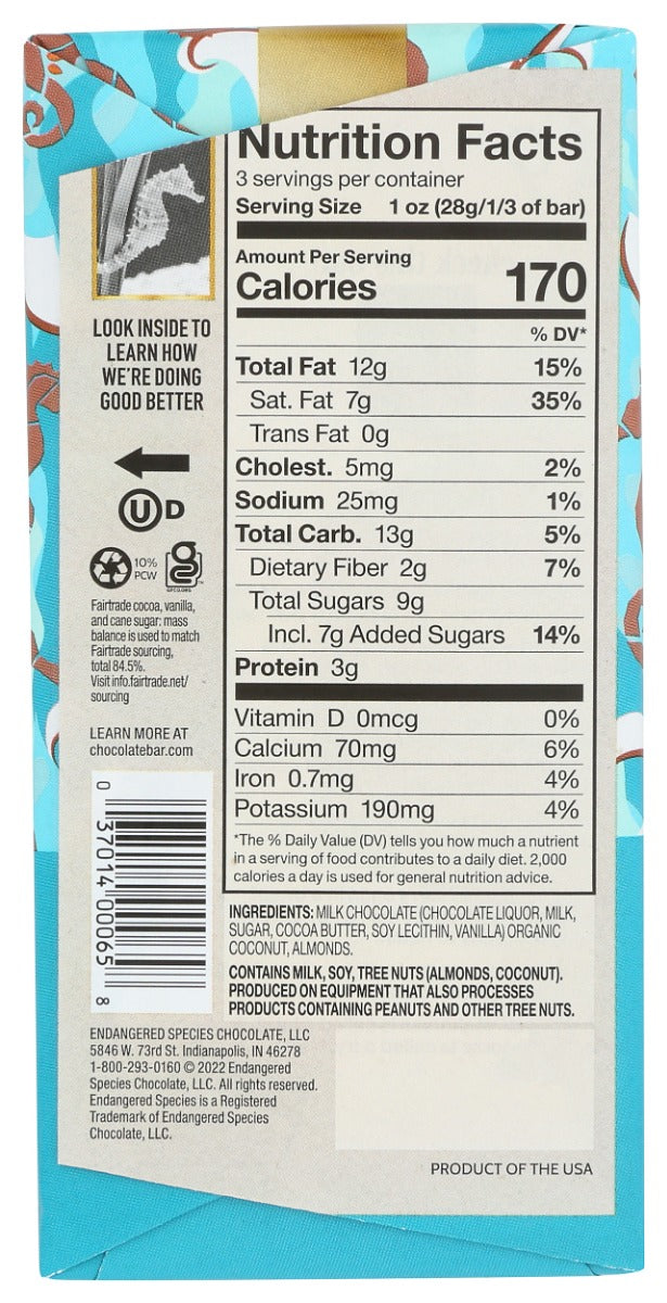 Endangered Species: Coconut And Almond 48 Percent Cocoa Milk Chocolate, 3 Oz