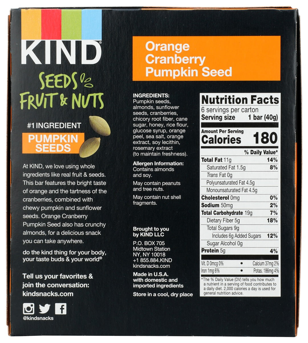 Kind: Seeds Fruit And Nuts Snack Bar Orange Cranberry Pumpkin Seed 6 Bars, 8.5 Oz